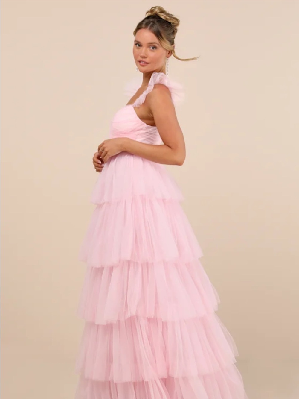 NWT! Lulus Fabulous Poise Light Pink Tulle Ruffled Tiered Maxi Dress. XXS - Picture 3 of 8
